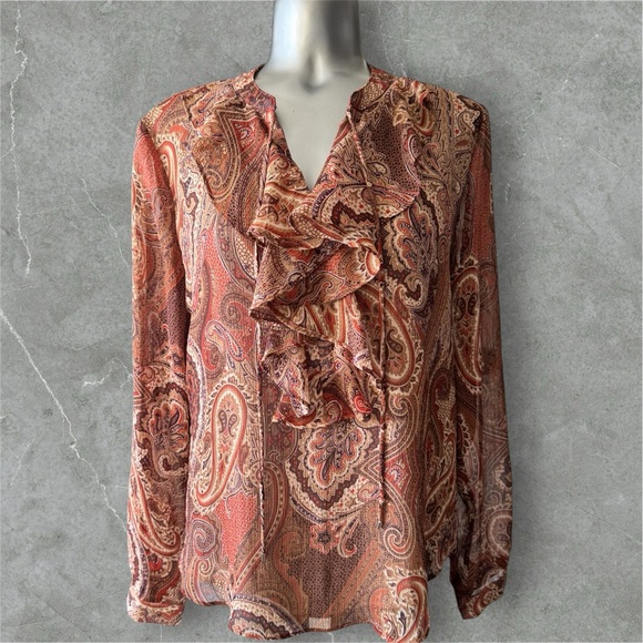 💟Tommy Hilfiger Paisley Ruffle Blouse - Rust and Beige - Picture 3 of 15